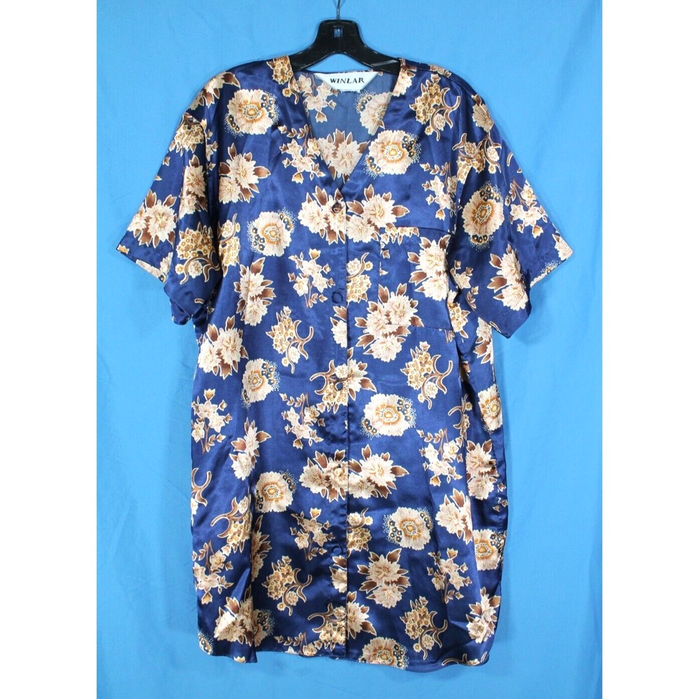 VTG WINLAR Navy SILKY SATIN Button-Up FLORAL Lounge NIGHT GOWN/NIGHTSHIRT Sz M